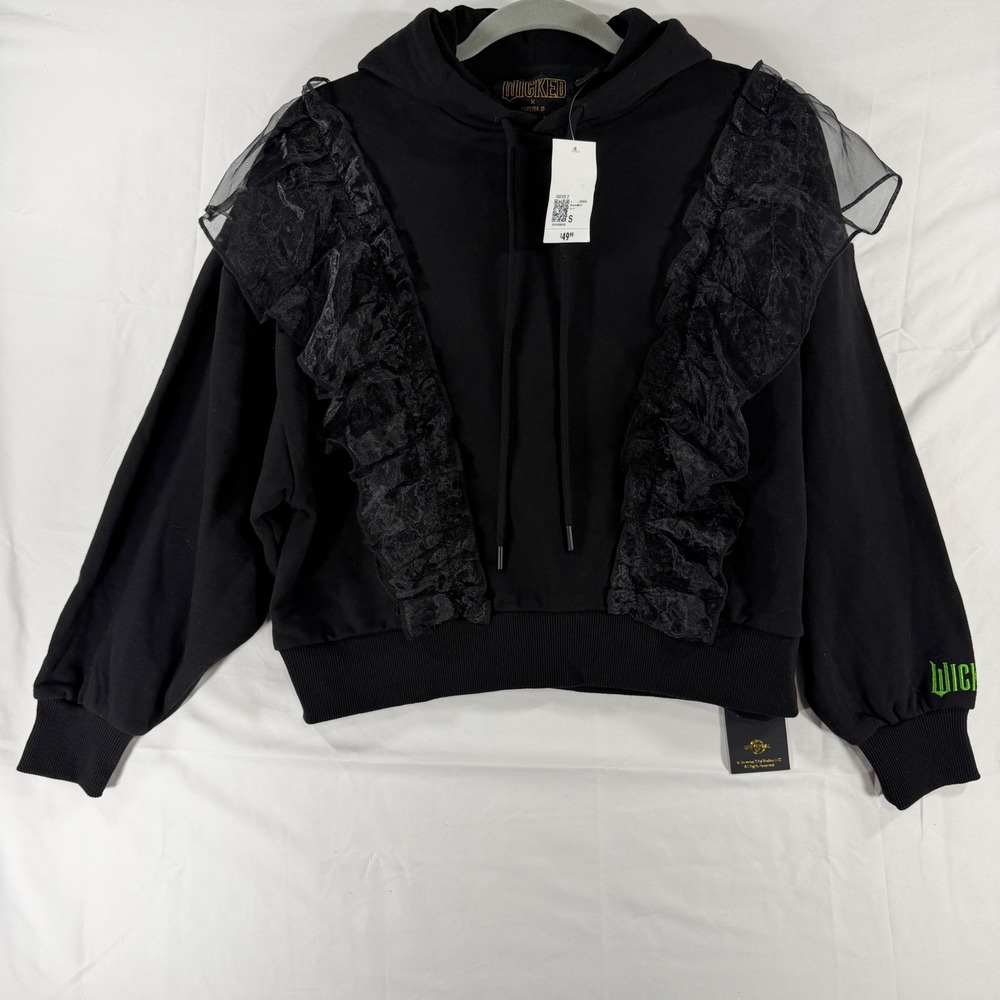 Wicked x Forever 21 Wicked Witch Ruffle Hoodie Black Green Cropped Small NWT - Picture 3 of 9